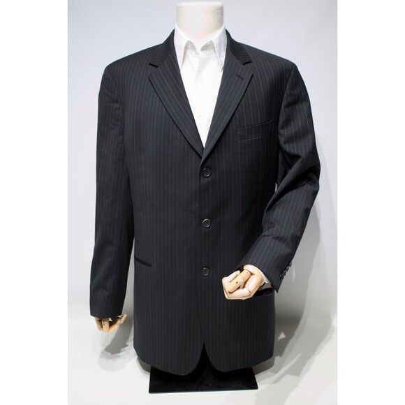 VTG 90s Hugo Boss 100% Virgin Wool Blazer Black Stripe Made in USA Men Size 44L - Picture 1 of 12